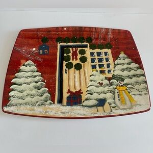 Nantucket Home for Holiday Snowman Christmas Platter 16" x 11" Hand Painted